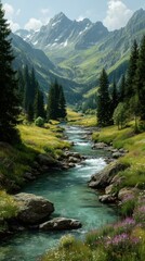Obraz premium Serene mountain stream flows through lush valley with vibrant greenery and distant peaks under clear skies