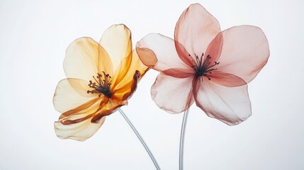 3D colorful two spring flowers on white background. Wild flowers, spring grass seamless pattern 3d realistic. Minimal scene for model products, stage showcase, promotion display.