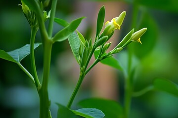 Close Up of Green Plant Stem with Yellow Flower Buds and Leaves Macro