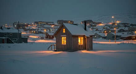Obraz premium Cozy winter cabin in snowy town