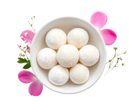 A white bowl of round mochi balls, surrounded by small flowers and pink petals isolated on a transparent background