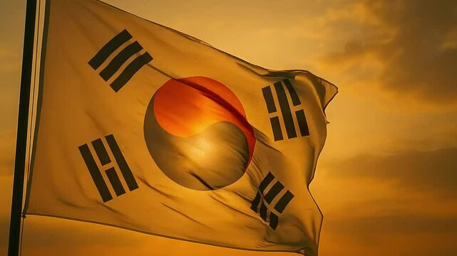 South Korean Flag Waving at Sunset with Glowing Orange Sky in Background