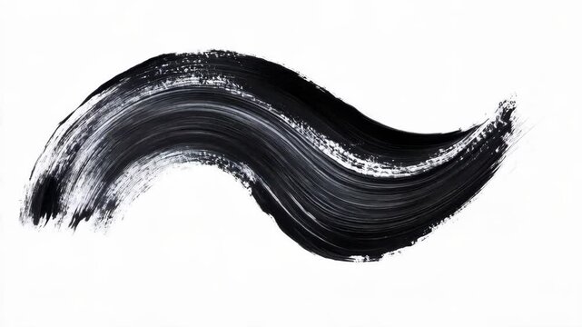 Abstract black brush stroke on white background. Wavy line of thick acrylic paint texture creating an artistic design element.