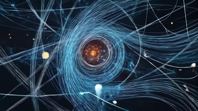 Abstract visualization of atomic structure with rotating electron shells and energy core against swirling lines of blue energy