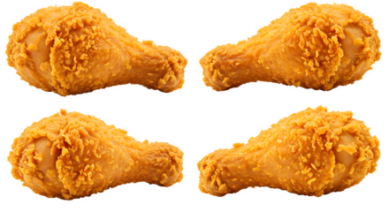 set of 4 Crispy Fried Chicken Drumsticks Isolated on White background, Golden Crunchy Fried Chicken Pieces on white background, crispy fried chicken pieces