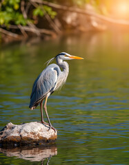 Majestic heron wading through the shimmering summer river, smooth light. with white shades