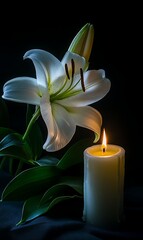 A luminous white lily with a glowing candle provides a solemn yet serene composition