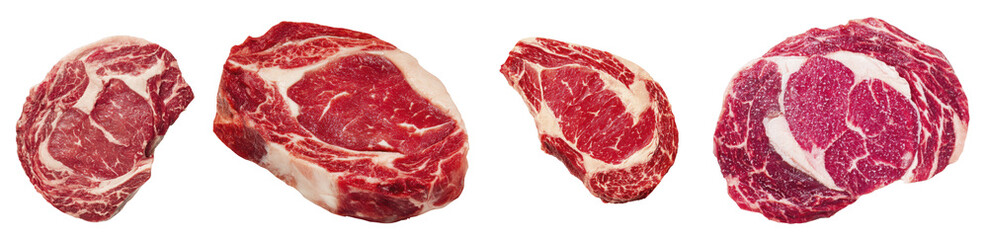 Obraz premium Various Cuts of High Quality Marbled Beef Steaks on Transparent Background Ready for Culinary Preparation