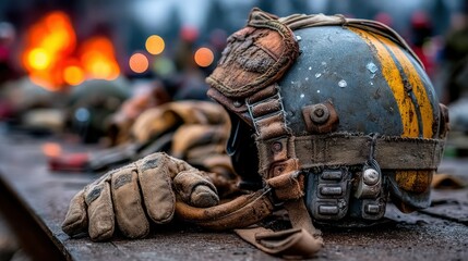 Worn helmet and gloves sit on a rustic surface