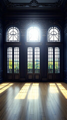 Fototapeta premium Sunlit grand room, arched windows, wood floor, landscape view, interior design