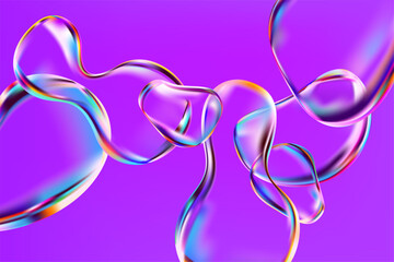 Glass iridescent liquid bubbles on white background. 3D Transparent fluid drops.