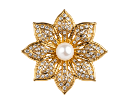 Gold and diamond flower-shaped brooch with a pearl in the middle isolated on a transparent background