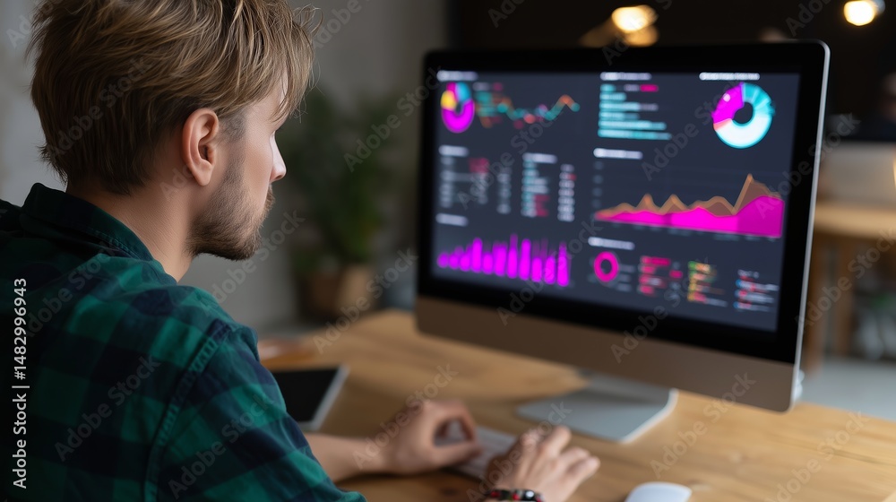 Poster data analyst working at a computer desk with visualizations and graphs in a modern office setting du