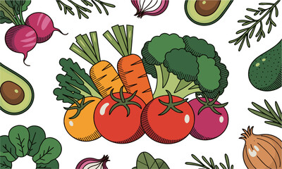  Modern vector illustration set of fresh vibrant vegetables, easily scalable and editable.