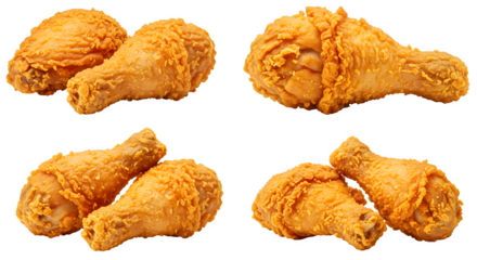 set of 4 Crispy Fried Chicken Drumsticks Isolated on White background, Golden Crunchy Fried Chicken Pieces on white background, crispy fried chicken pieces