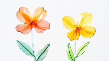 Obraz premium Colorful two spring flowers on white background. Wild flowers, spring grass seamless pattern 3d realistic. Minimal scene for model products, stage showcase, promotion display, 3D.