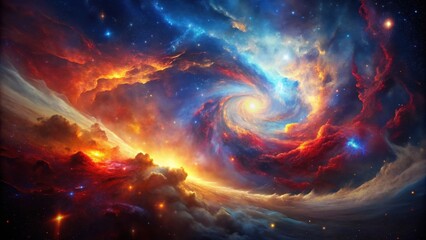 Obraz premium A Fiery Cosmic Dance Nebulae Swirl in a Symphony of Red and Blue Hues, Celestial Bodies Sparkle Amidst the Vibrant Clouds
