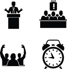 Business & Time Management Symbol Set Featuring Four Distinct Icons: A Speaker Behind a Podium Representing Public Presentations, A Seated Group with One Standing Figure Holding a Briefcase Indicating