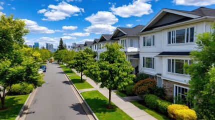 Scenic Neighborhood with Modern Homes and Lush Greenery Under Blue Sky