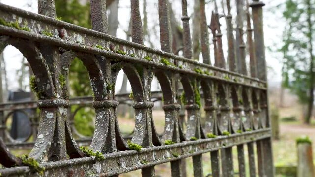 Close-up of an old, rusted iron fence with moss and lichen growth, in a cemetery setting with soft-focus trees and gravestones in the background.
