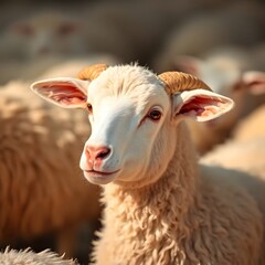 Obraz premium Close-Up Portrait of a White Horned Sheep Facing Forward – Clean Wool Texture, Farm Animal Concept, Perfect for Agriculture, Eid al-Adha, and Livestock-Themed Visuals