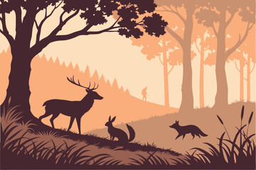 Horizontal banner. Silhouette of deer, fox, hare standing on meadow in forrest. Silhouette of animals, trees, grass. Magical misty landscape, fog. Orange, black and brown illustration. Bookmark.