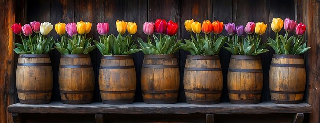 Fototapeta premium Colorful tulips in barrels, wooden shelf