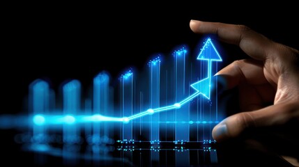 A hand interacting with a glowing digital growth chart with a dark background