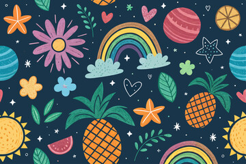 Design a vibrant, crayon-style kid's pattern featuring bold, playful shapes like stars, hearts, and playful animals.  Include bright, saturated colors.