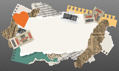 Collage banner of torn paper, notepad sheets, scraps of notebook page, torn crumpled old letter, newspaper and movie tickets. Vector design template in modern trendy aged retro style.