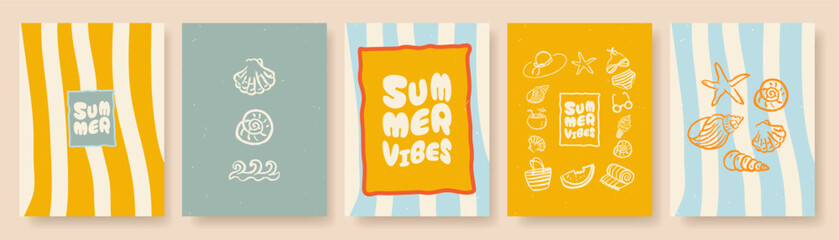 Abstract summer poster set with trendy hand drawn beach and vacation doodle elements. Trendy sketchy line art for wall decor, card, branding, ads, print. © Svitla
