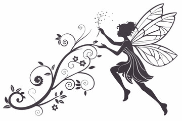Beautiful little fairy Silhouette illustration isolated on a white background
