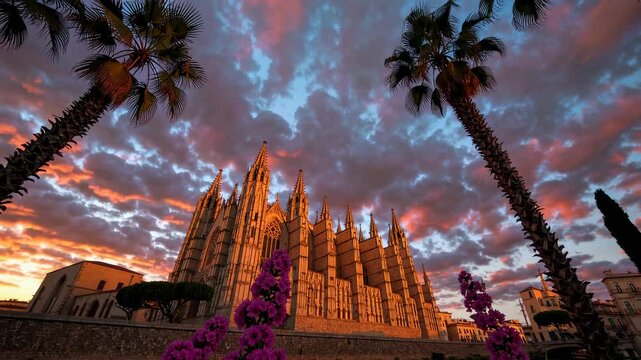 The island of Palma de Mallorca in Spain features a breathtaking landscape with Cathedral La Seu at sunset