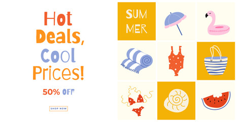 Summer banner, poster, cover, card with cute beach & vacation hand drawn doodle elements. Vector design template for sale, discount, branding, social media ads, promo, festivals, holiday greetings.