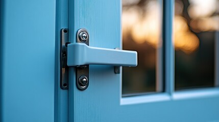 Close-up of a light blue door handle and latch