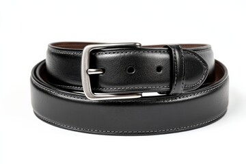 Close-up of a classic black leather belt with a silver buckle.  The high-quality leather and stitching are clearly visible.