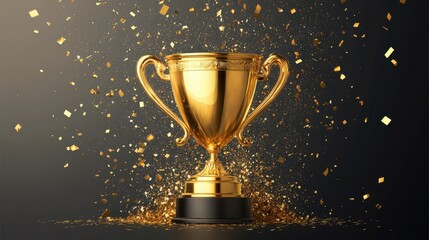 Gold trophy with sparkling confetti on dark background
