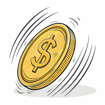 Create a vector illustration of a bold, stylized dollar coin flipping in mid-air, emphasizing dynamic movement and strong lines.