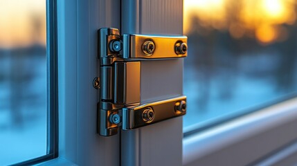 Close-up view of modern window hinges