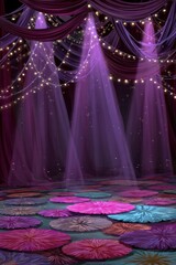 Enchanting Purple Stage Decor Fairy Lights and Floral Floor for Events