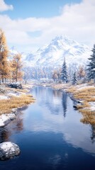 Snowy mountain reflects in river. Trees on either side with blue sky and clouds above