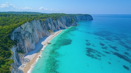 Coastal paradise with turquoise water, white cliffs, and lush greenery