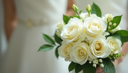 Obraz premium Elegant bridal bouquet of white roses and greenery, perfect for a classic wedding , elegant, roses, petals