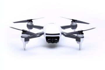 A sleek white drone with black propellers, ready for takeoff.  Modern technology and aerial photography.