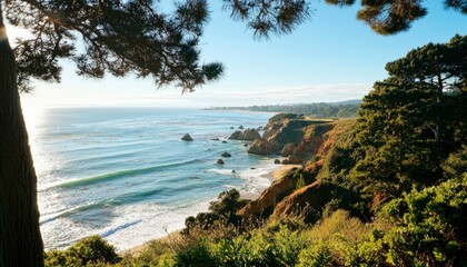 Coastal scenery, sunlit beach