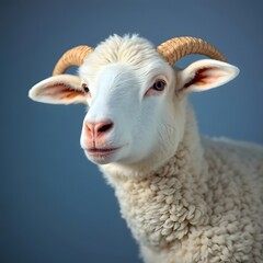 Obraz premium Close-Up Portrait of a White Horned Sheep Facing Forward – Clean Wool Texture, Farm Animal Concept, Perfect for Agriculture, Eid al-Adha, and Livestock-Themed Visuals