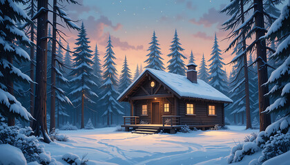 Fototapeta premium Cozy wooden cabin glowing warmly in a snowy forest during winter sunset, surrounded by tall pine trees and peaceful falling snow.