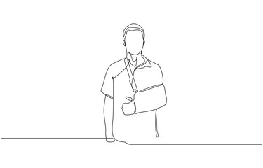 One line drawing of man with broken arm wearing arm splint, Continuous one line drawing of man with broken arm wearing arm splint lying on a bed in the hospital.