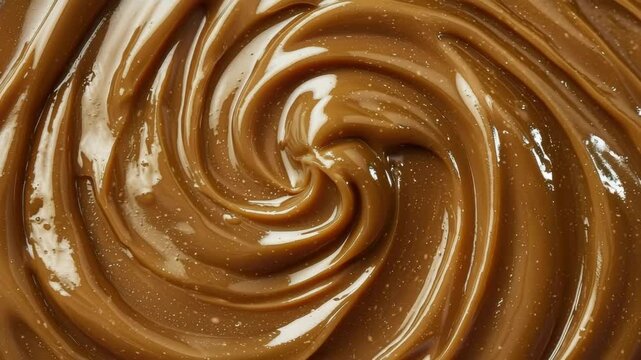 Dark caramel texture swirl close up, melted toffee cream background, top view macro