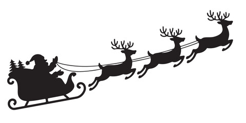 Santa Claus is flying in sleigh with Christmas reindeer silhouettes, Silhouette of Santa Claus, sleigh with Christmas	
